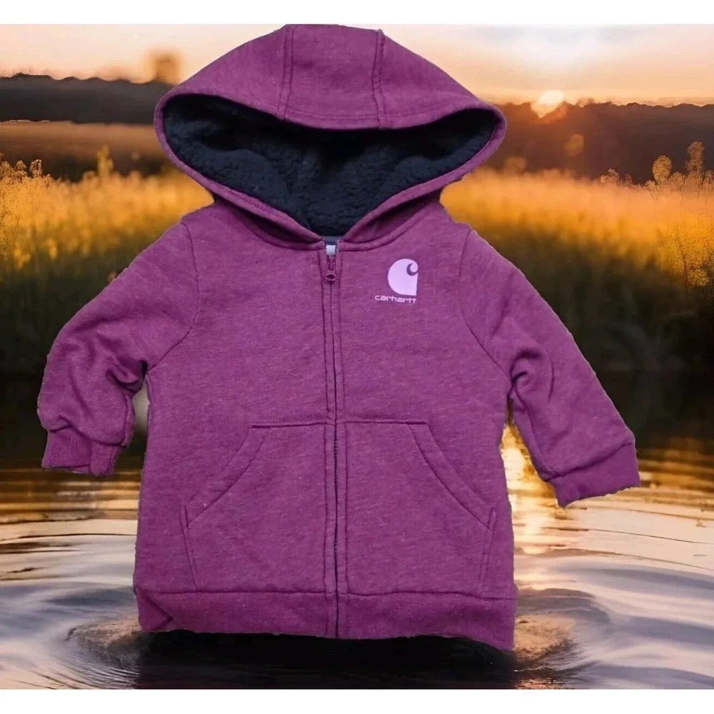 Carhartt Zip‎ Hoodie Kids 9 Months Purple Excellent Sherpa Lined Logo Sweatshirt